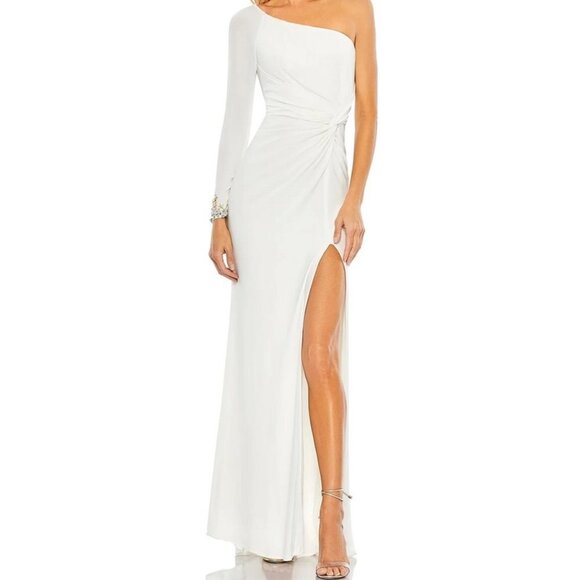 Mac Duggal White One-Shoulder Long Sleeve Side Slit Jersey Gown